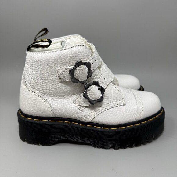 Dr Martens DEVON FLOWER BUCKLE LEATHER PLATFORM BOOTS White Size 8 US - Picture 1 of 9